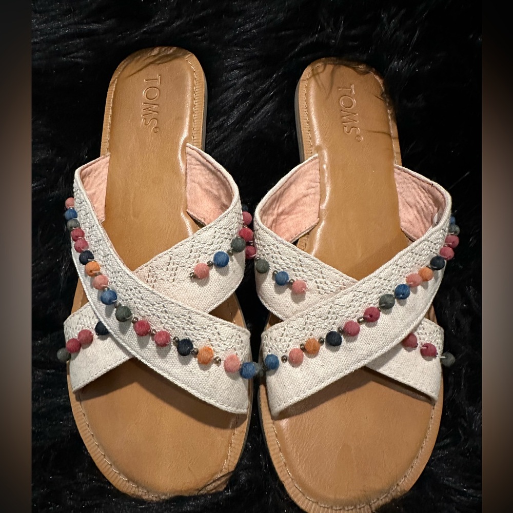 Toms slip on sandals with colorful pom poms